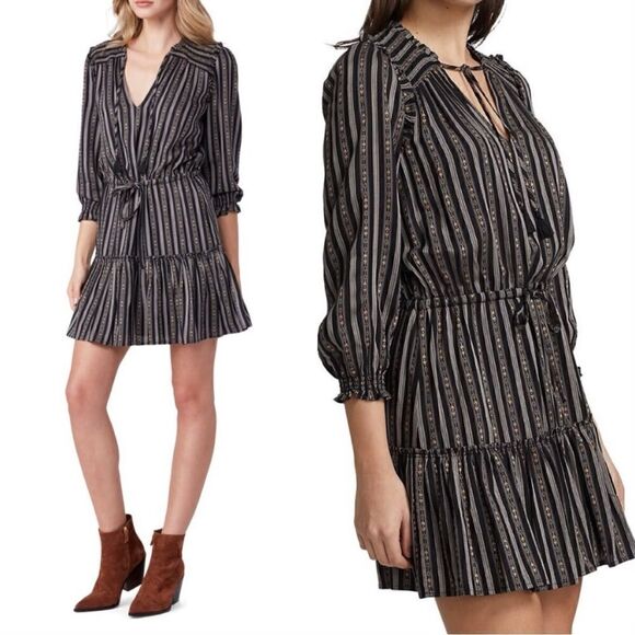 PAIGE Dresses & Skirts - Paige Kaylynn Mini Black Multi Dress Striped Pleated V-Neck Blouse Size S